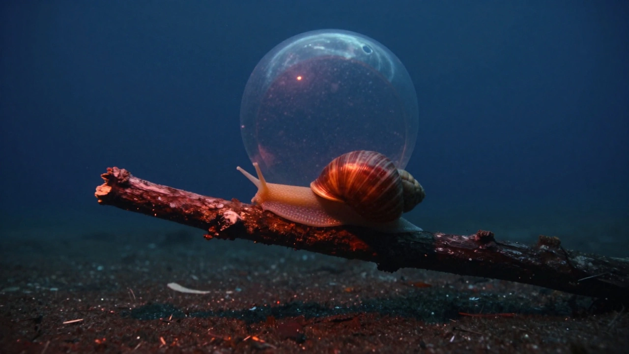 A snail crawling on a submerged branch in a quarry, lit by a warm video light with minimal backscatter and soft ambient light above.
