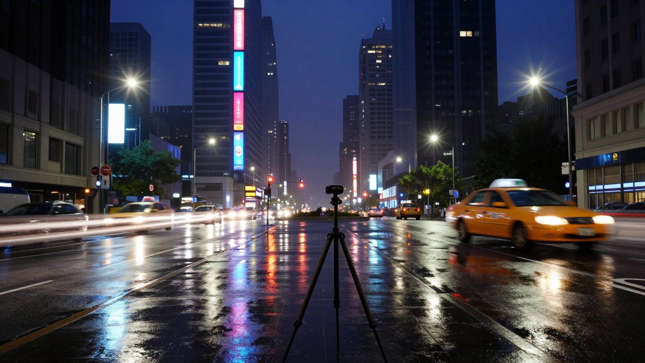 Long-exposure urban scene with glowing vehicle trails and mirrored building reflections on wet pavement.
