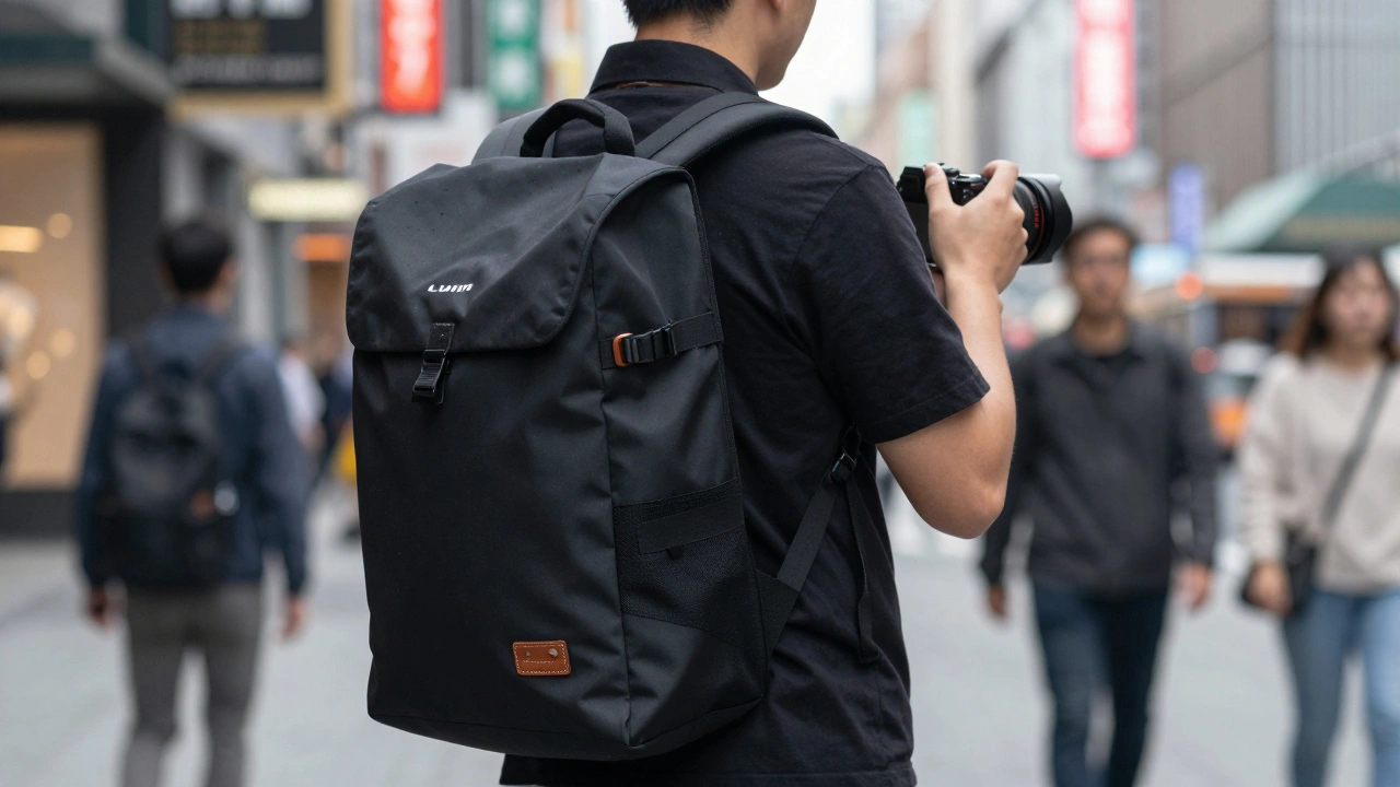 Street photographer swiftly swinging a sleek sling bag to capture a moment in the city.