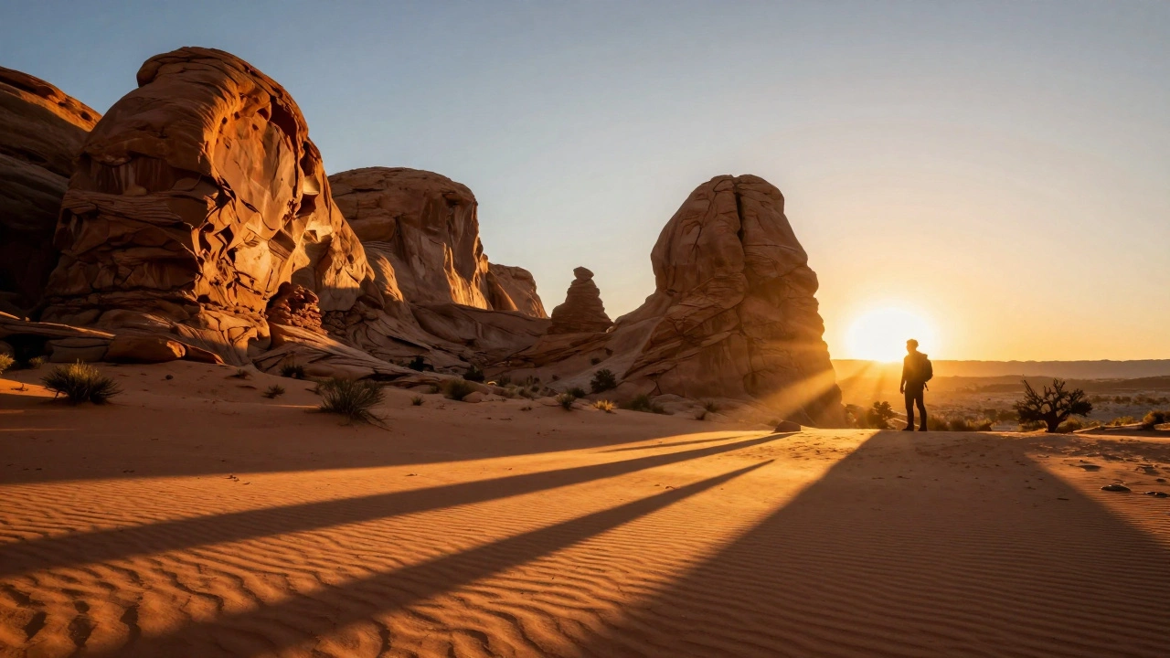 Sunset light illuminating sandstone arches in Moab, with long shadows and a silhouette hiker against glowing horizon.