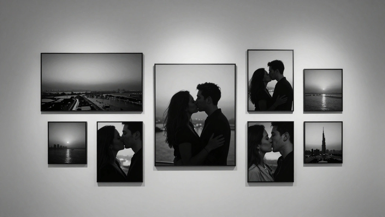 A curated gallery of seven perfect prints on a minimalist wall, highlighted by a single spotlight on a candid kiss.