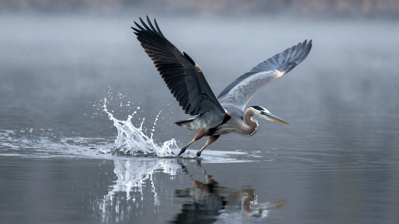 A great blue heron diving into water, droplets frozen mid-splash with perfect clarity.