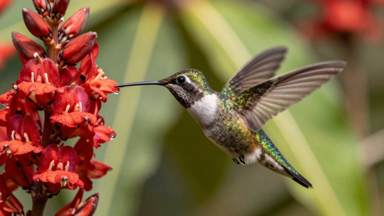 A hummingbird hovering with wings blurred into a perfect circle, sipping from a flower.