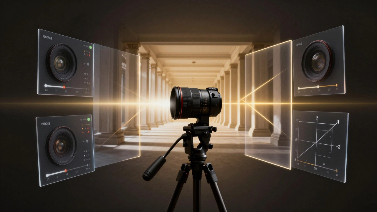 A lens with floating correction panels transforming distorted edges into straight lines.