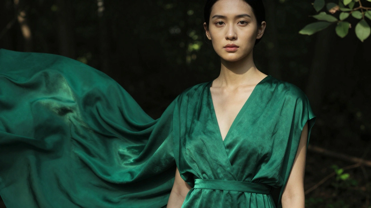 A person in an emerald silk dress against a forest background, face sharply focused with natural light enhancing skin tone.