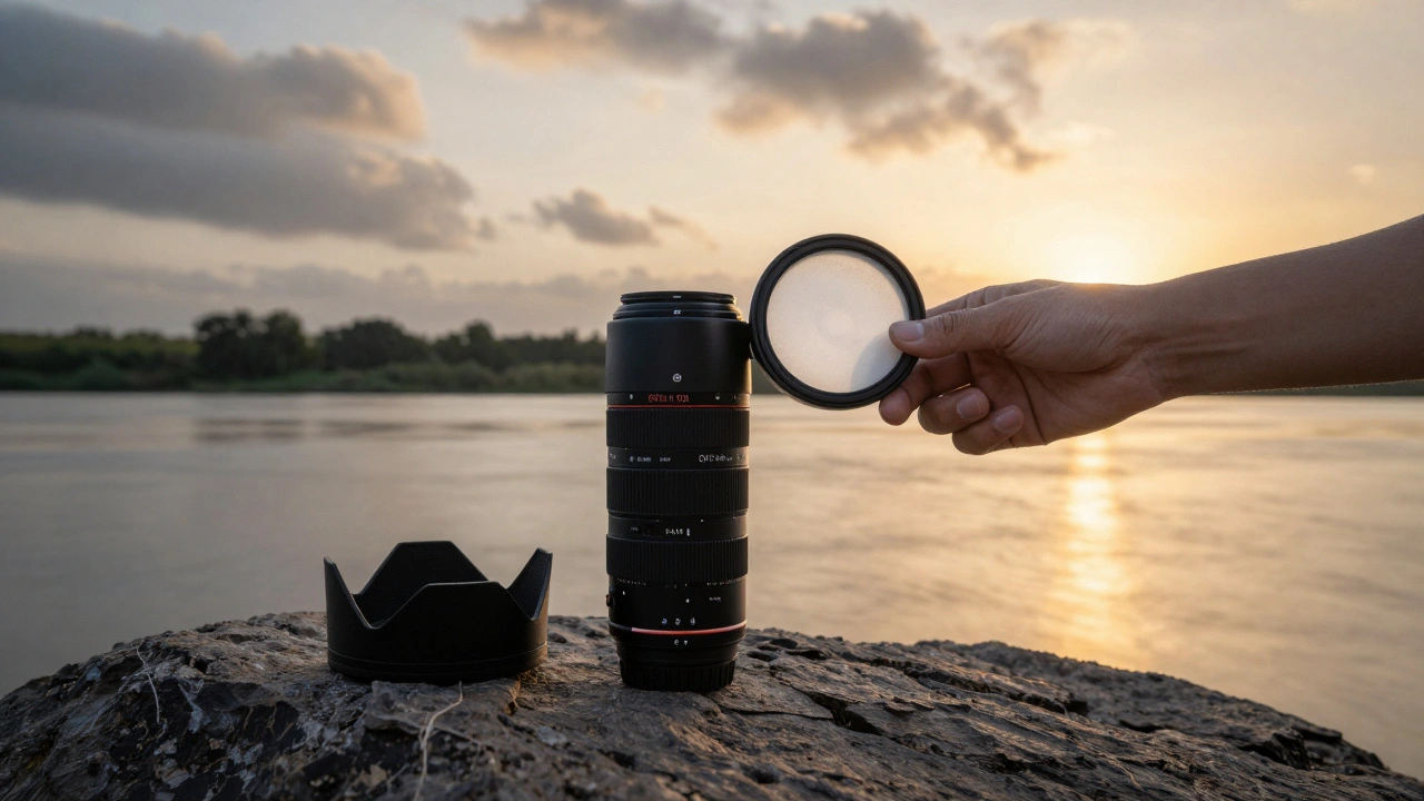 A photographer attaching a magnetic hybrid filter to a lens at riverside, with smooth water and streaking clouds in background.