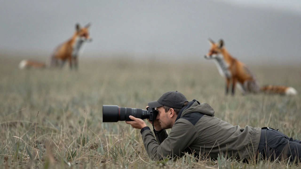A photographer low to the ground observes a fox through a long lens, with distant grass melted into smooth blur by distance.