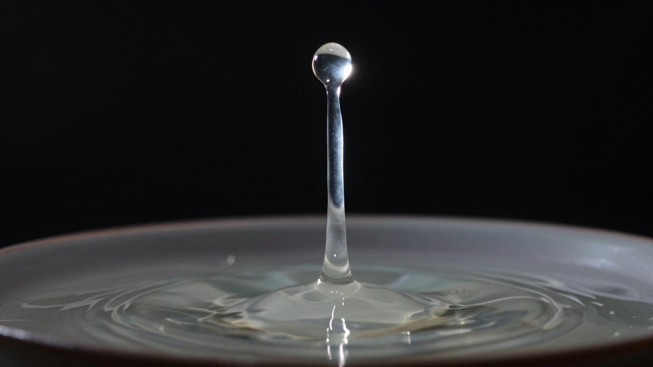 A tall, slender water jet rising from a still surface, illuminated by dual flash angles in a dark studio.