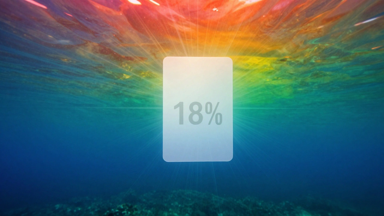A white balance card in deep water with fading color wavelengths around it.