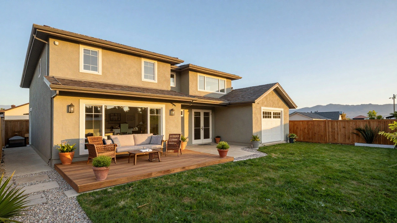 Backyard view showing house connection to outdoor space with mountain skyline.