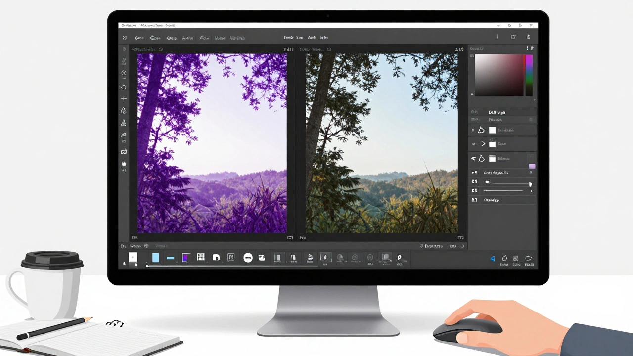 Before-and-after photo edit on a screen showing purple fringing removed from tree branches.