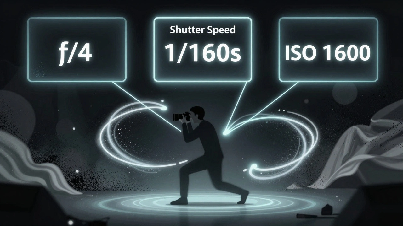Conceptual view of camera settings—aperture, shutter speed, ISO—linked to a moving fashion model.
