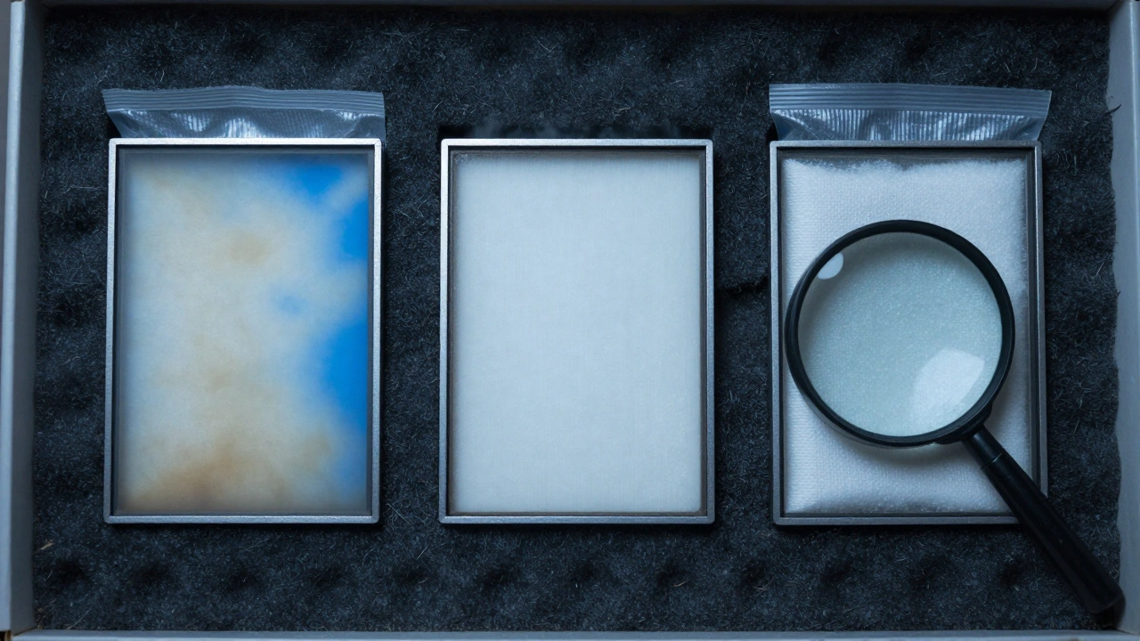 Filters stored in a dry box with silica gel packs, one showing oxidation.