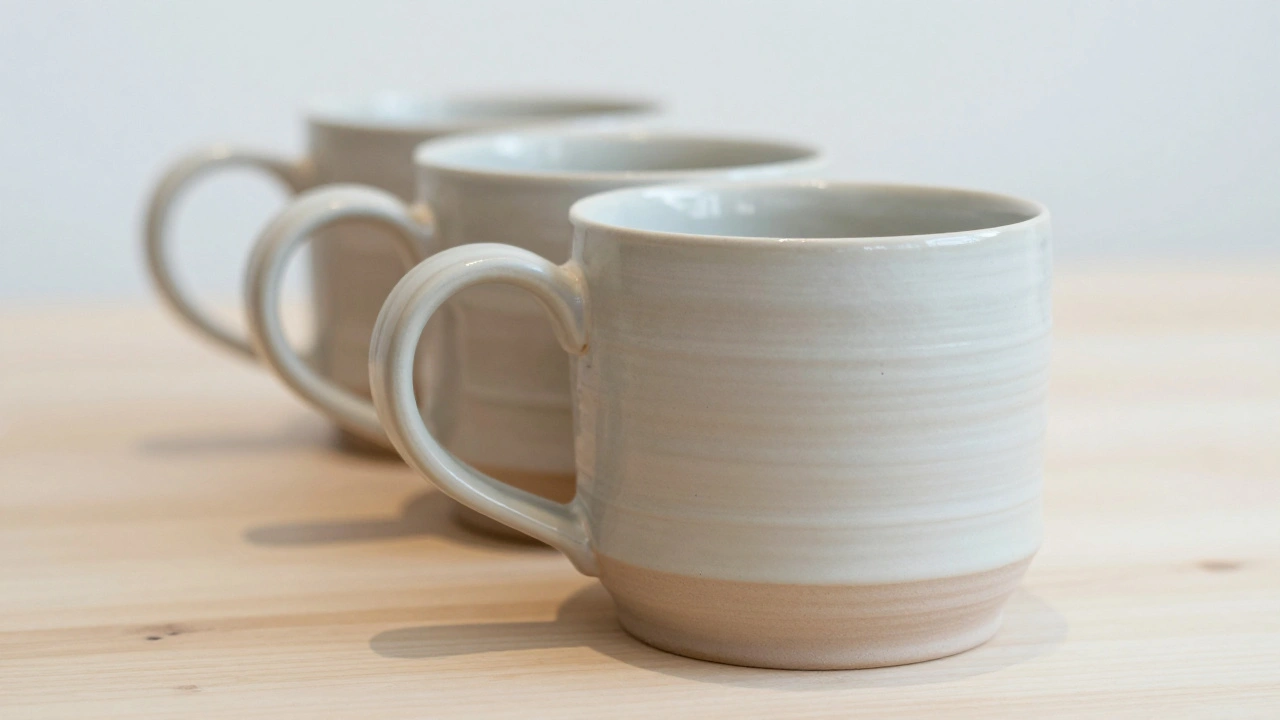 Focus-stacked image of a handmade ceramic mug handle revealing texture and tool marks.