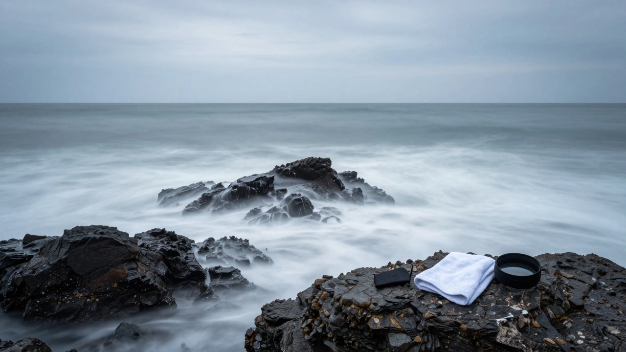 Long exposure coastal scene with smooth ocean and misty sky, sharp dark rocks in foreground, midday overcast light.