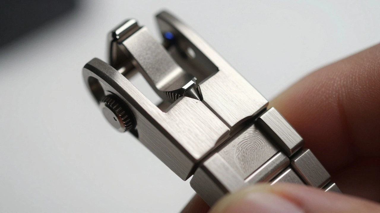 Macro view of a watch clasp with engraved metal and artisan fingerprint detail.