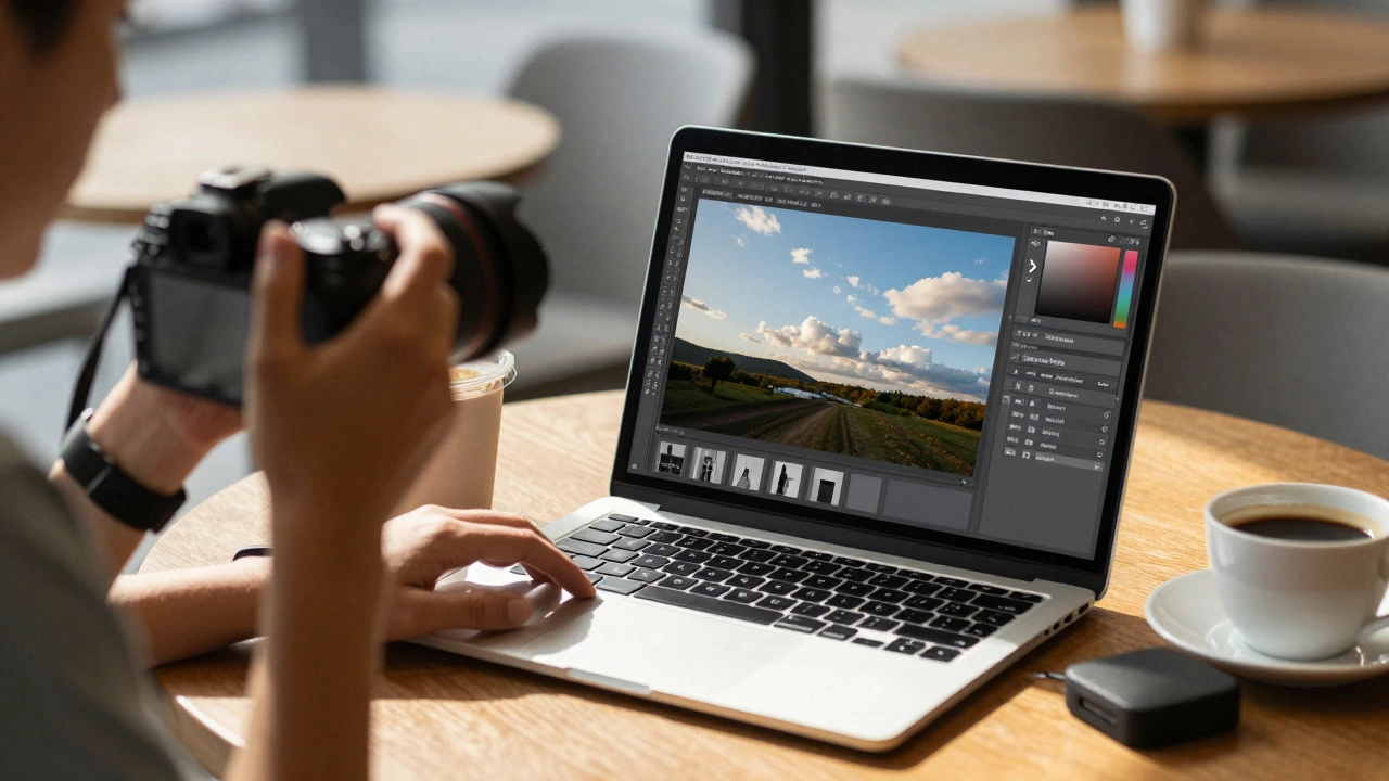 Photographer editing a RAW file on iPad beside a laptop displaying Photoshop with layer masks applied.
