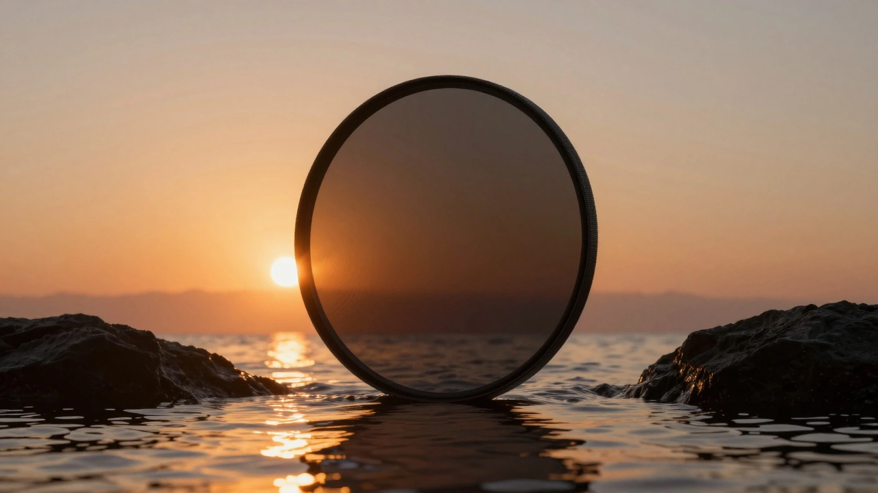 Reverse GND filter used at sunset, darkest band centered on the horizon over glowing water.
