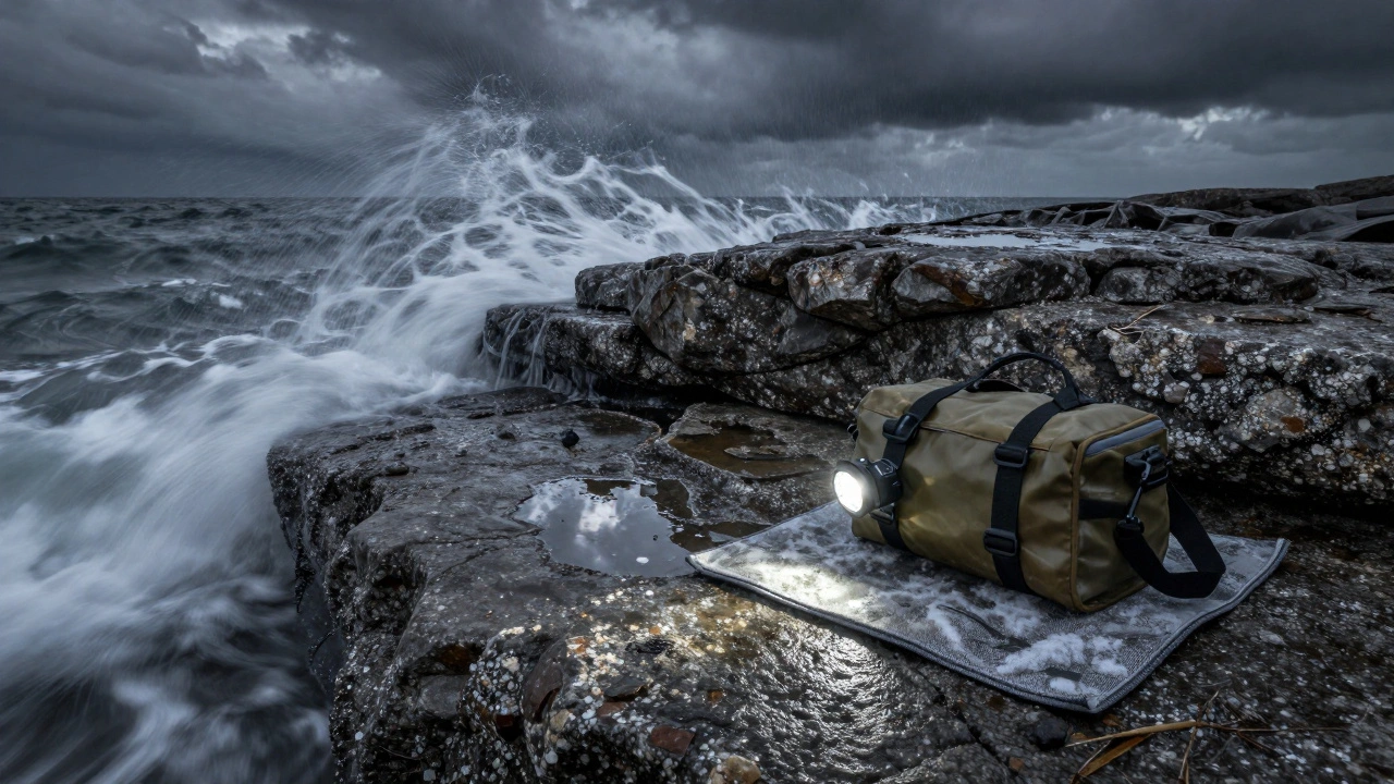 Sea spray like lace frozen around ancient granite rock, tide pools mirroring clouds, gear on mat beside it.