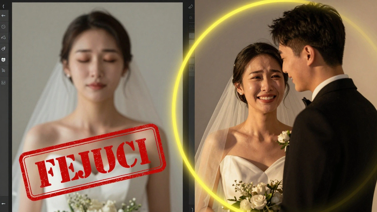 Side-by-side comparison of a rejected blurred photo and a selected sharp, emotional portrait with golden hour lighting.