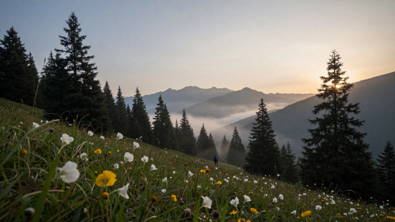 Soft-edge GND filter blending bright sky with shadowed mountains and trees at dawn.