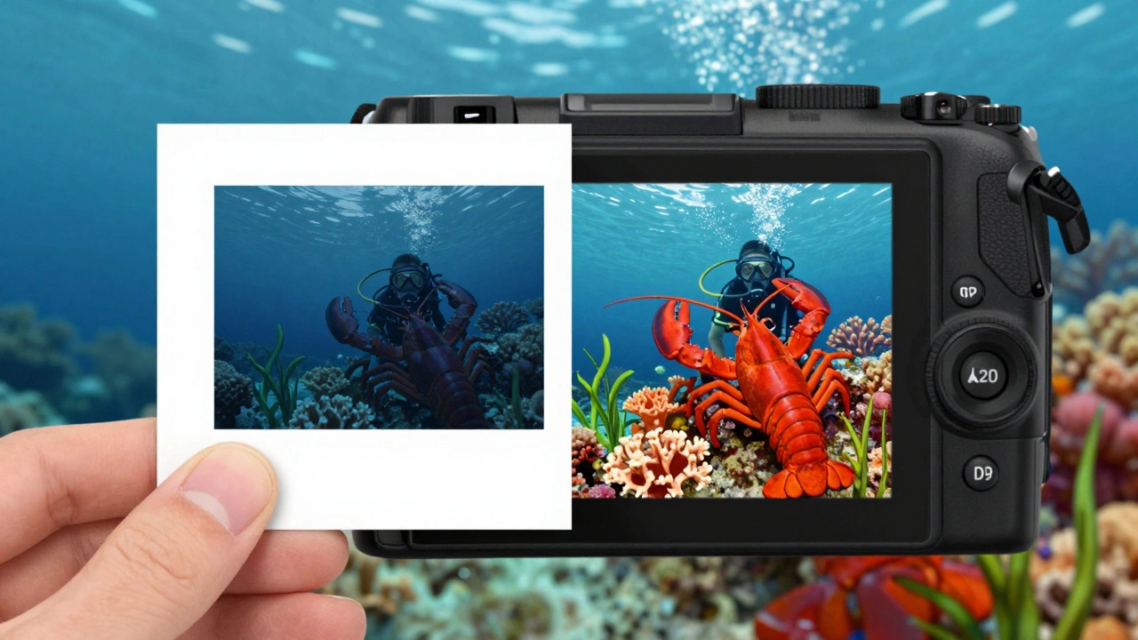 Split image showing underwater scenes before and after white balance correction.