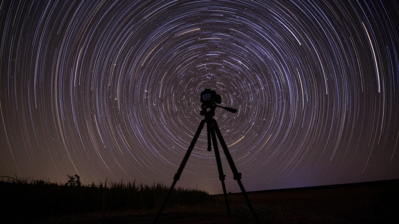 A camera in motion captures starry skies as swirling light trails across the frame.