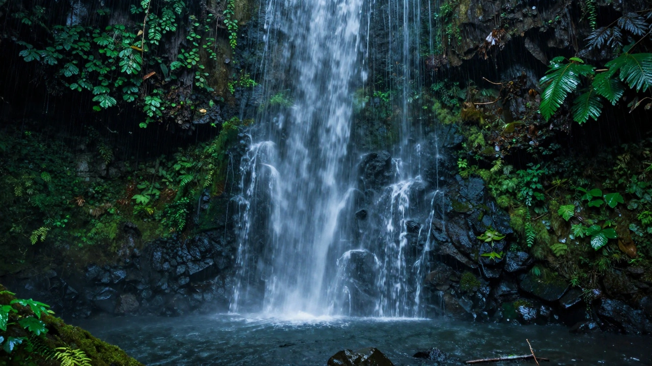 A cascading waterfall with deep blue water and vivid moss-covered stones, surrounded by glossy, glare-free leaves.