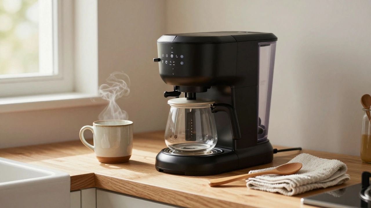 A coffee maker on a kitchen counter next to a mug and spoon, showing realistic size context.