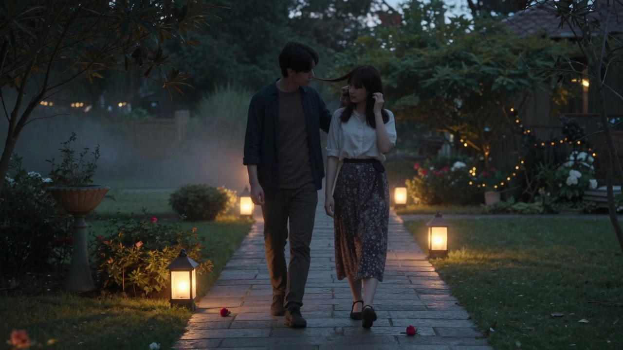 A couple walks a garden path at dusk, one gently adjusting the other's hair, lanterns glowing softly around them.