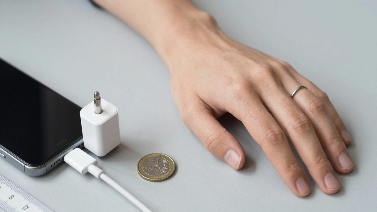 A human hand beside a phone charger with a coin and ruler for precise size reference.