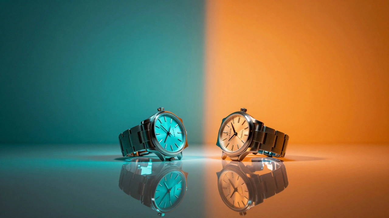 A luxury watch framed by teal and orange colored lights, with neutral center and reflective surface.