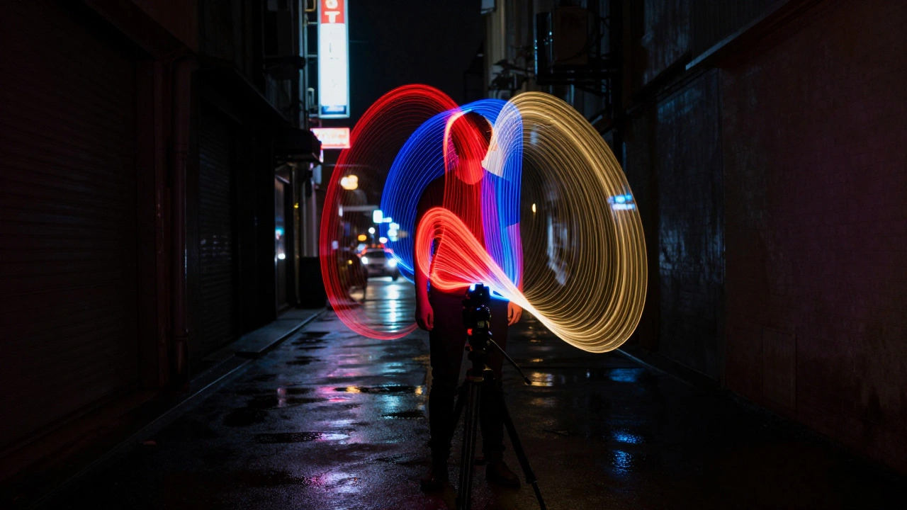 A person illuminated by colorful light trails in a dark urban alley at night.