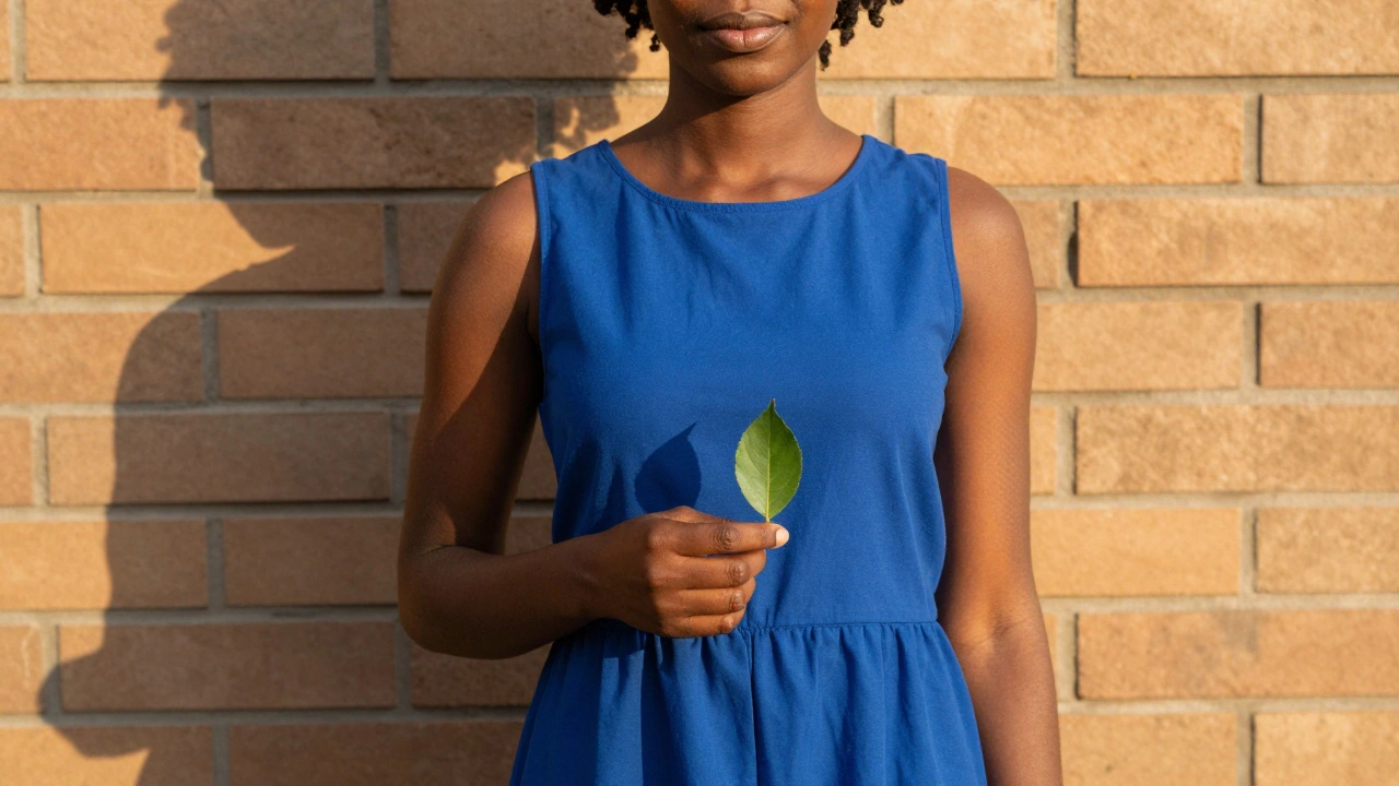 A person in a cobalt dress stands before a warm ochre wall, lit by golden hour light.