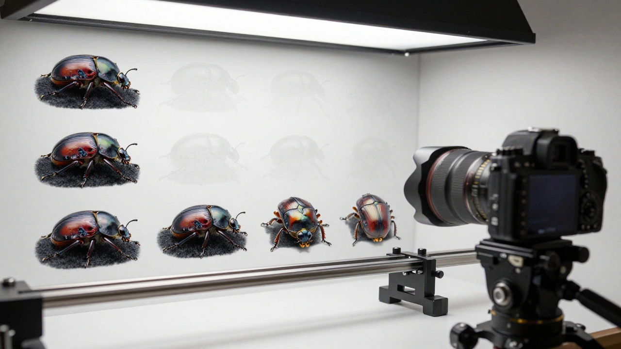 A photographer using a focusing rail to capture stacked macro images of a beetle under studio lighting.