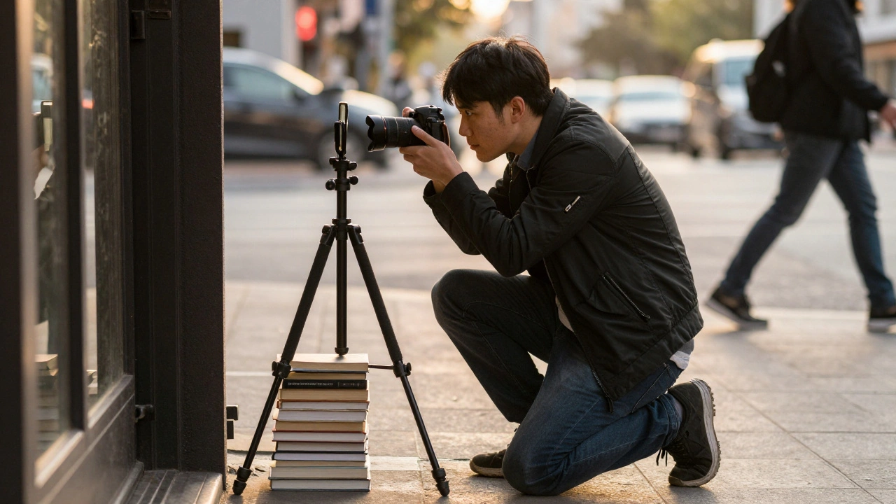 A photographer using books as a tripod to photograph a doorway with a smartphone.