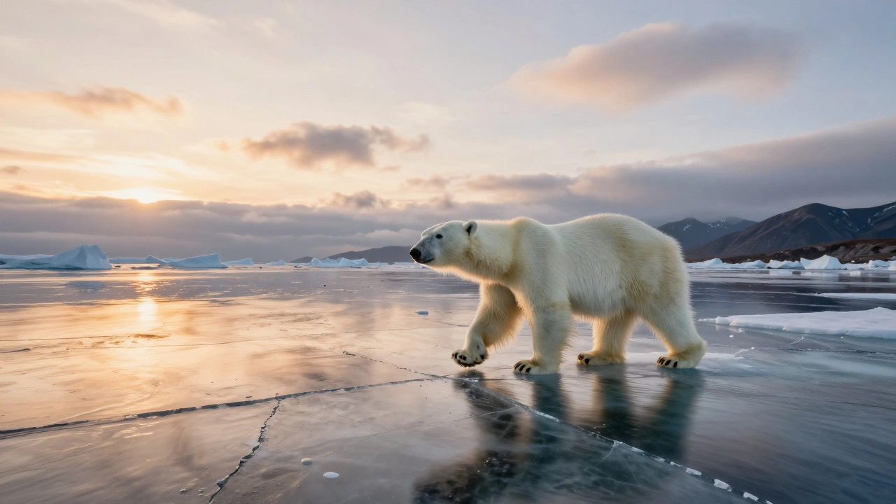 A polar bear walking on cracked ice at sunset, with distant mountains and drifting clouds.