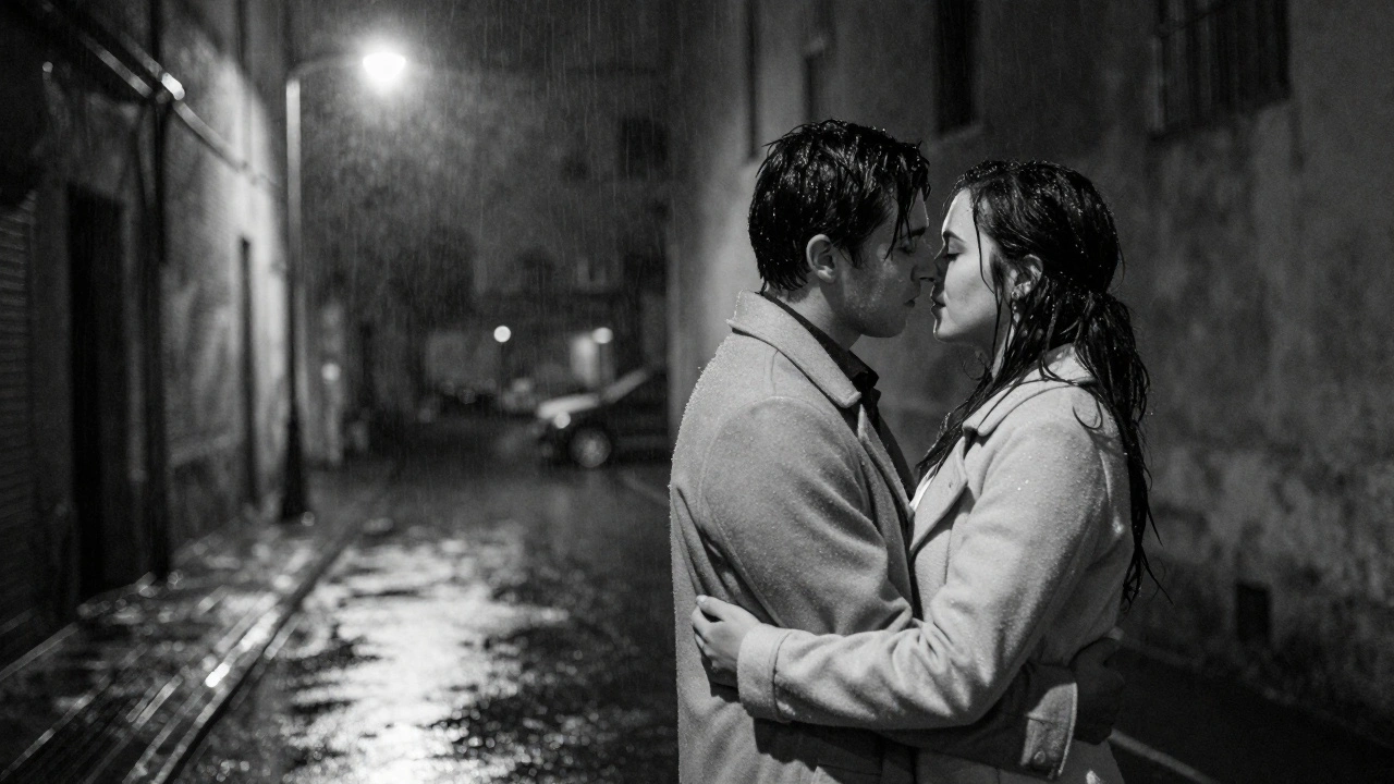 A rainy evening embrace under a streetlamp, rain glistening on their coats, warm light reflecting off wet pavement.