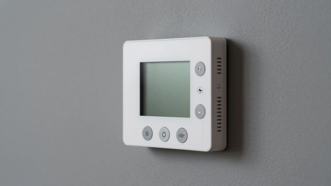 A smart thermostat with all details in sharp focus against a gray wall.