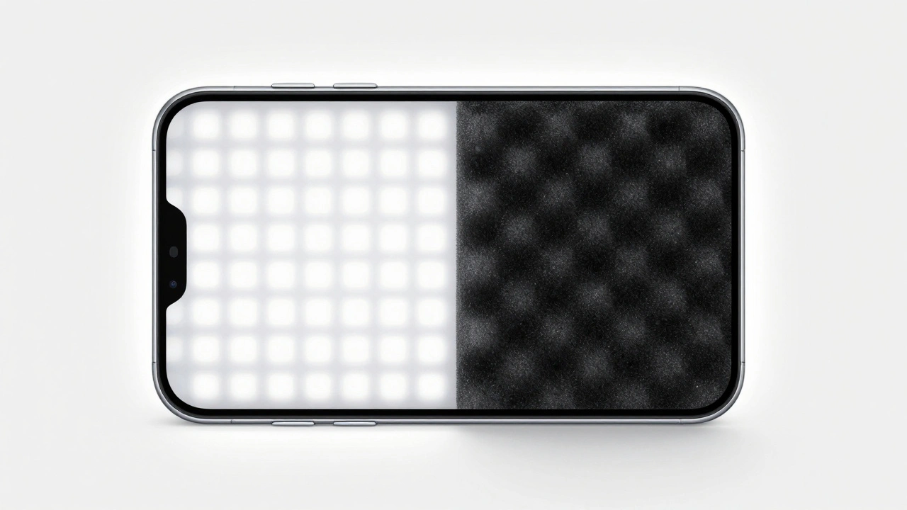 A smartphone with a crisp illuminated edge against a white background, showing its contours.
