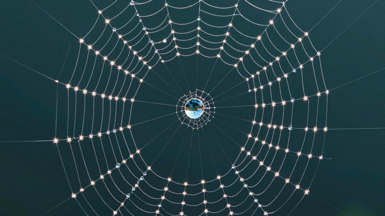 A spider's web at 1:1 magnification with glowing silk strands and a central dewdrop under controlled lighting.