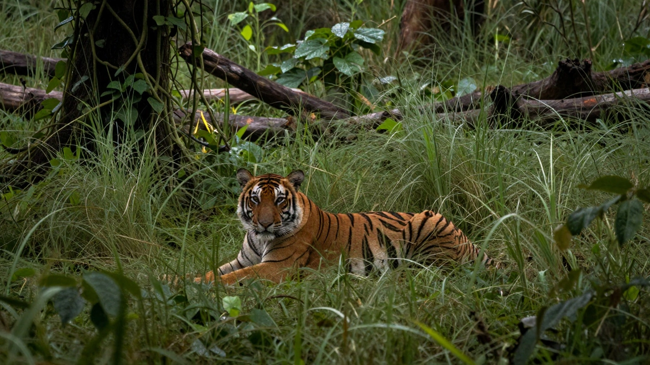 A tiger crouching in tall grass at sunrise, with a detailed jungle background in sharp focus.