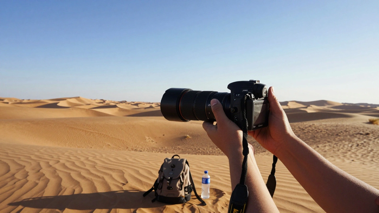 A traveler using the Nikon Coolpix P1100 to photograph distant sand dunes at sunset.