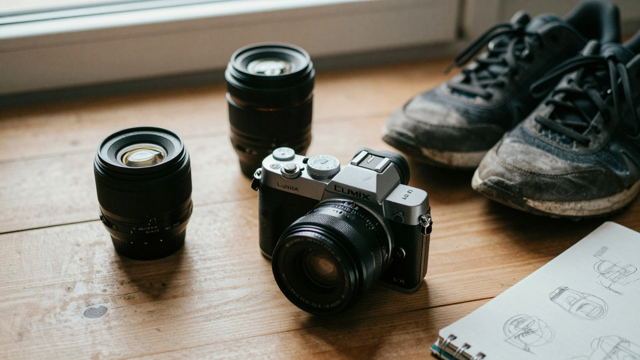 A used Panasonic Lumix GX7 with two affordable lenses on a wooden table, next to a notebook.