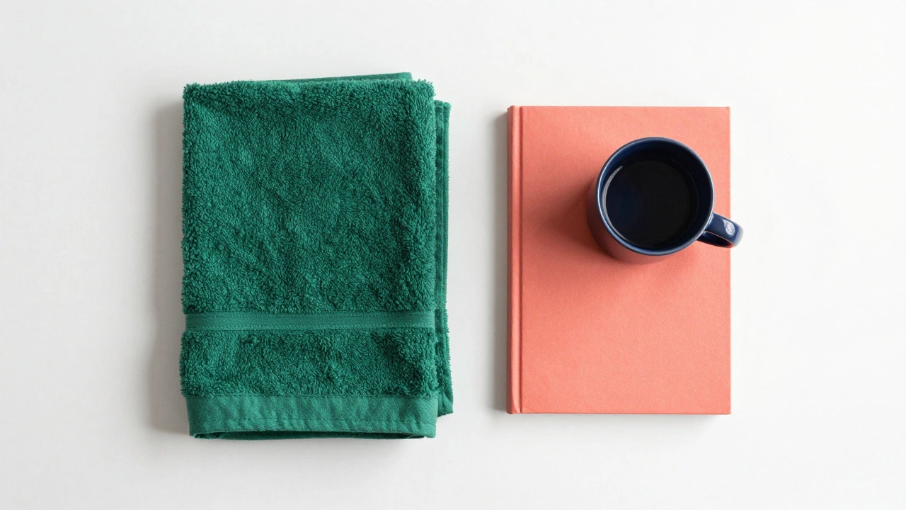 A white background with a green towel, coral book, and navy mug arranged in a triangular color block.