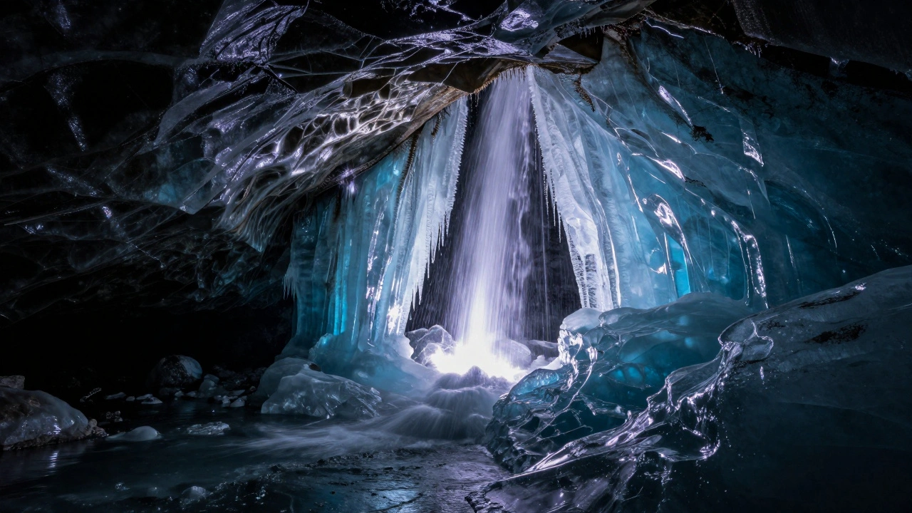 An ice cave revealed in stunning detail through night HDR, glowing with blue light and starlit cracks.