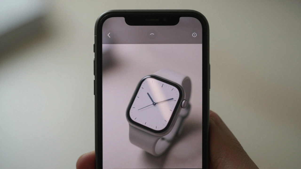 An iPhone capturing a watch in portrait mode with blurred background and soft shadow.