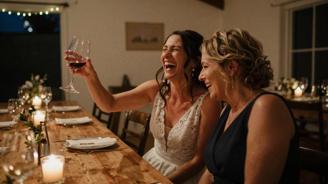Bride laughing with her mother, wine spilling slightly, candlelit reception ambiance.