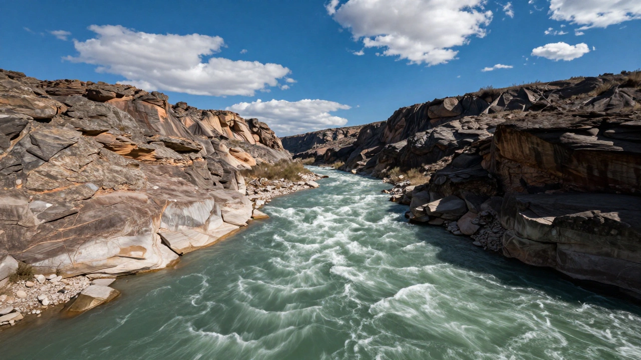 Cinematic drone shot of a smooth, silky river under bright sunlight with drifting clouds and rich shadows.