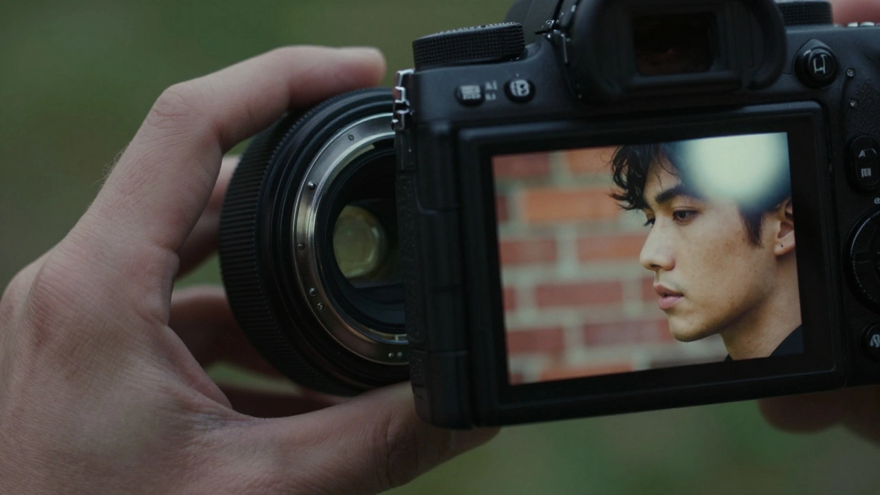 Close-up of a hand holding a lens near a camera mount, showing a tilted plane of focus with a glowing light leak.